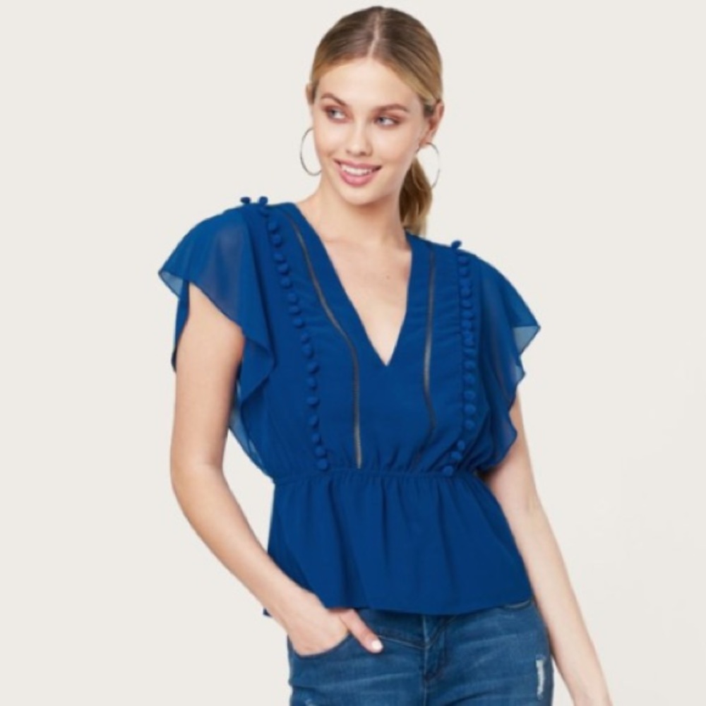 Bebe Pom Ruffle Drop Waist Blouse Chiffon Top V-Neck Sheer Blue Work Career